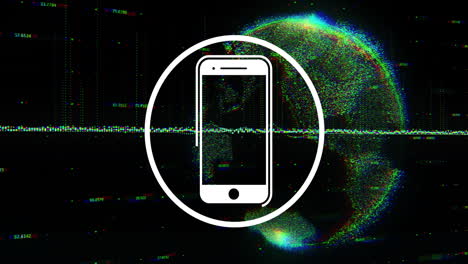 smartphone icon animation over digital globe with data points and glitch effects