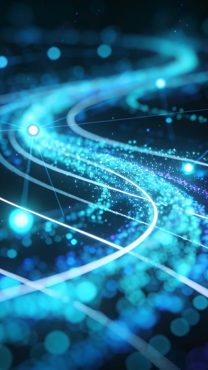 Vertical video: Starting glowing cyan ribbon curving in digital space, trailing nodes as data flow