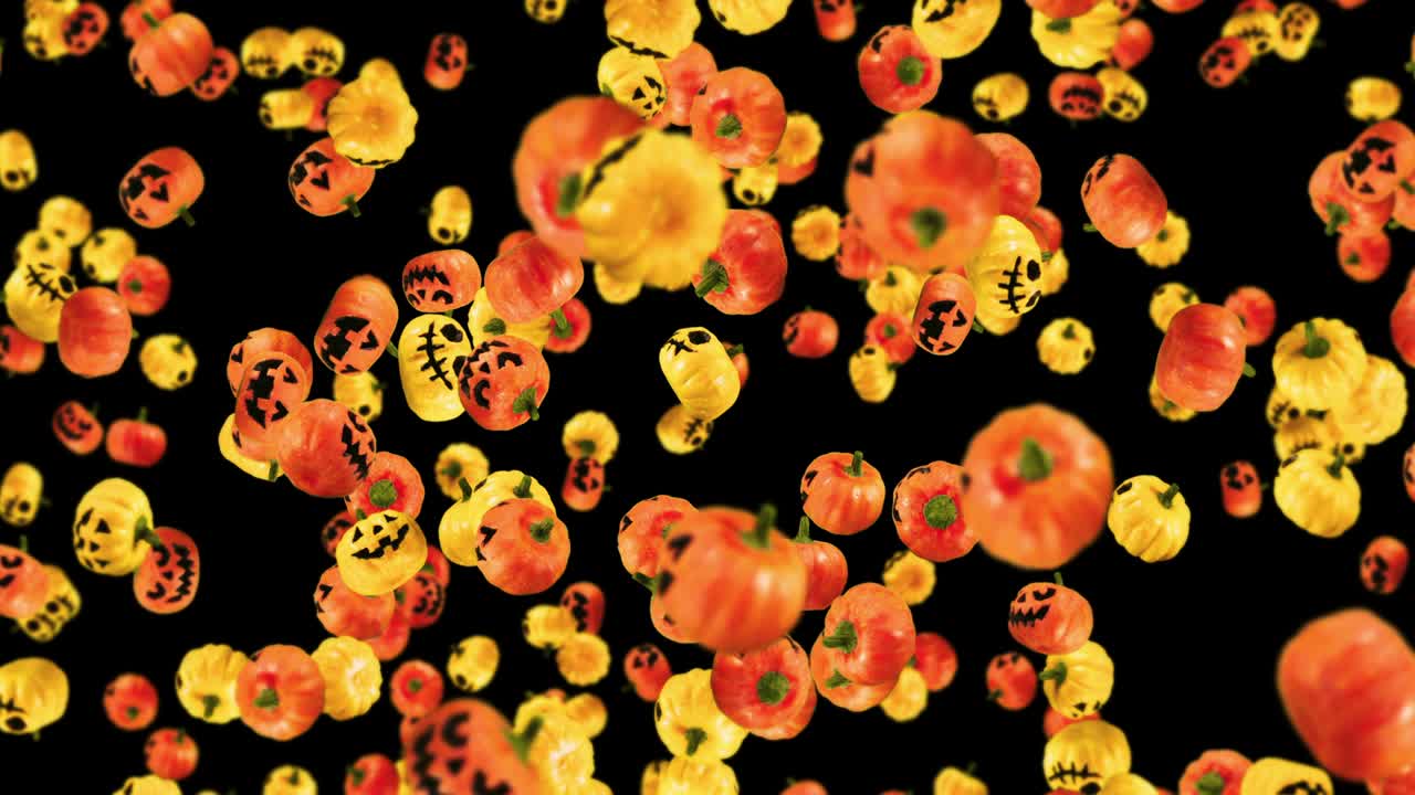 흑색 배경에 많은 오렌지색과 노란색 호박을 날아다니며, 미소와 함께 만화 얼굴, 할로윈 휴가에 대한 3d 애니메이션, 루프 애니메이션.