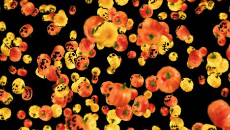 volando muchas calabazas naranjas y amarillas sobre fondo negro. caricaturas caras con sonrisa. animación 3d para el halloween de vacaciones. animación de bucle.