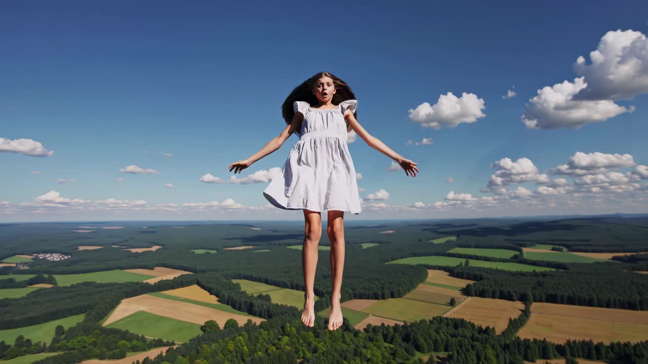 Aerial video captures a woman in a white dress floating above a vast landscape, conveying a surreal
