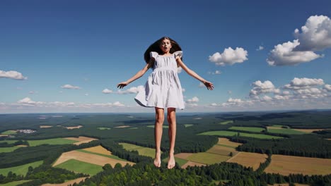 aerial video captures a woman in a white dress floating above a vast landscape, conveying a surreal