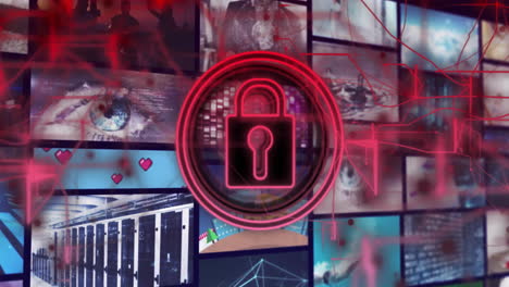 animation of padlock icon over digital interface with videos