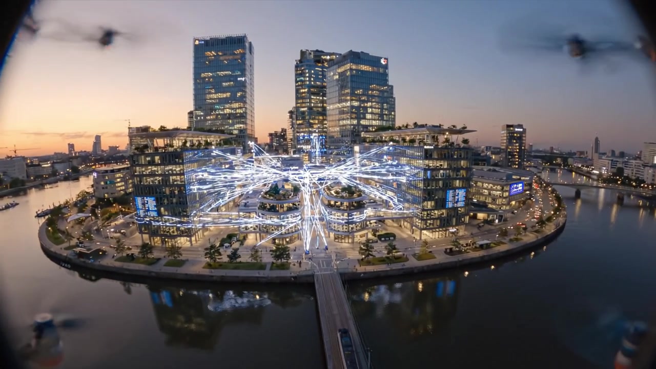 Modern Tram Moving Along Scenic Waterfront Amidst High-Rise Buildings and Sunset Reflections, Showcasing Urban Architecture and Technology Integration in Cityscape