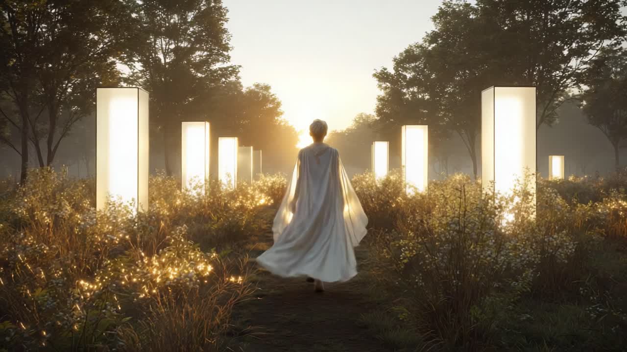 A person walking on a path lined with lights at sunset