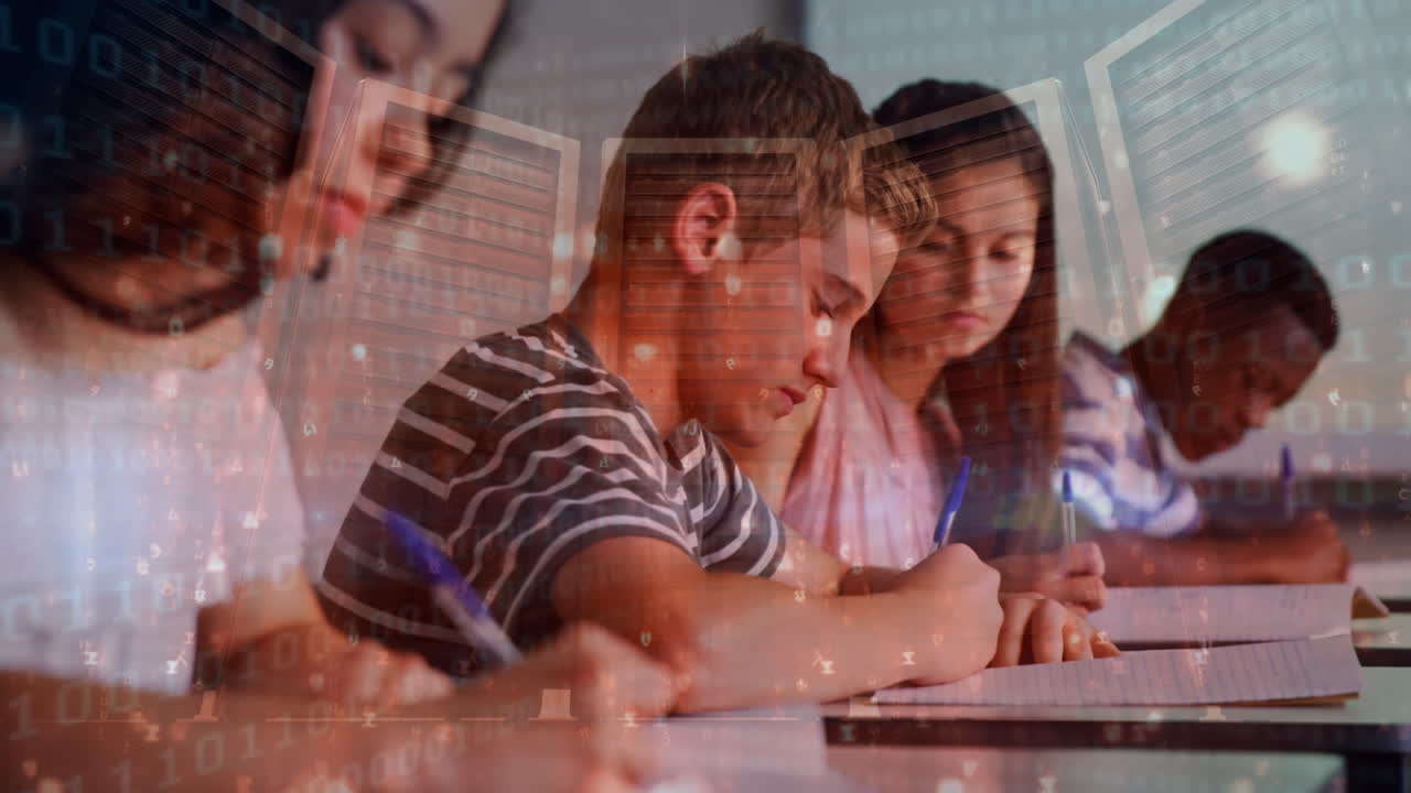 animación de la sala de servidores sobre un grupo diverso de estudiantes