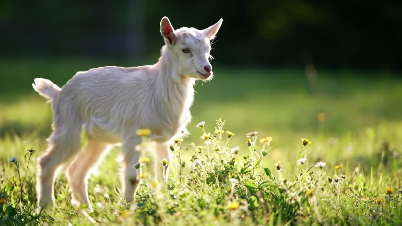 A Playful Young Goat Frolicking in a Sunlit Meadow Surrounded by Blossoming Flowers, Showcasing the Joy of Nature and Innocence in a Pastoral Setting