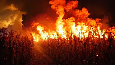 a field of corn on fire in the middle of a field