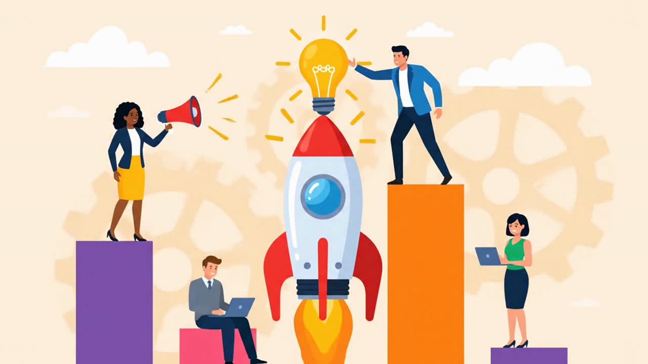 Illustrated Business Team Launching a New Idea with a Rocket