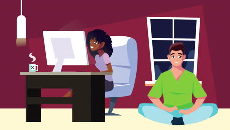 pareja interracial trabajo en casa animación de campaña