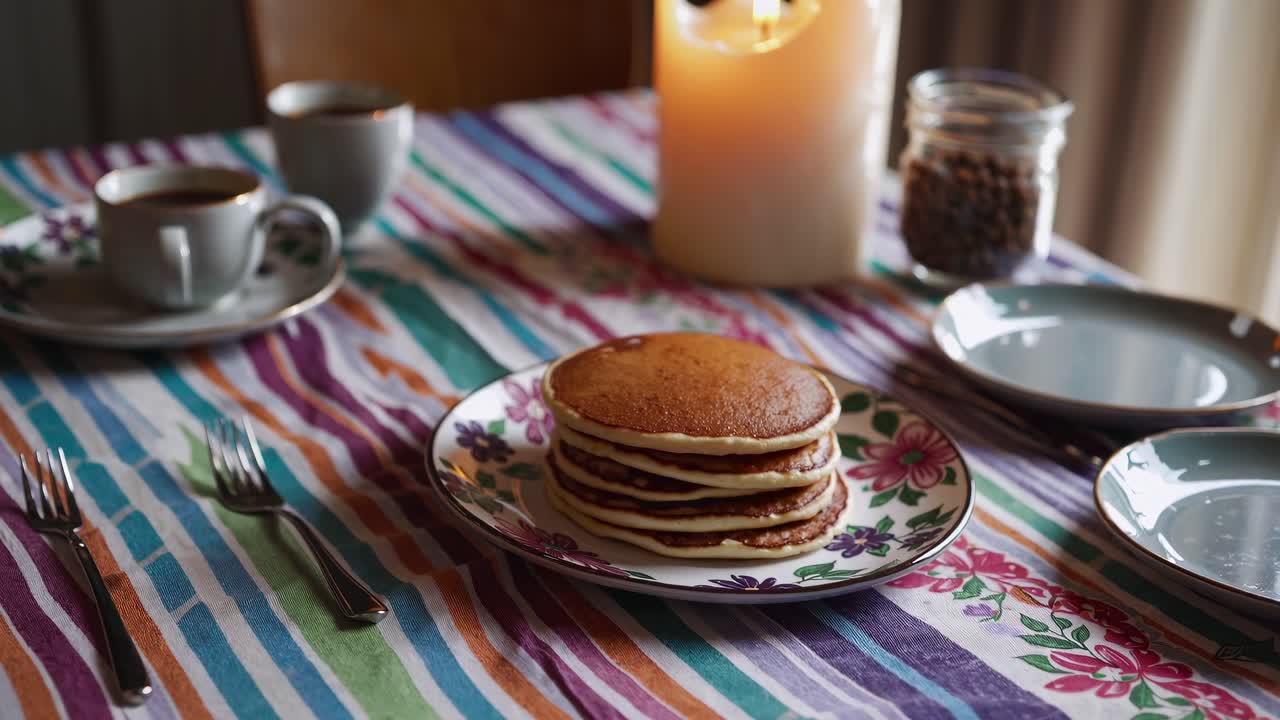 escena de desayuno con panqueques y café