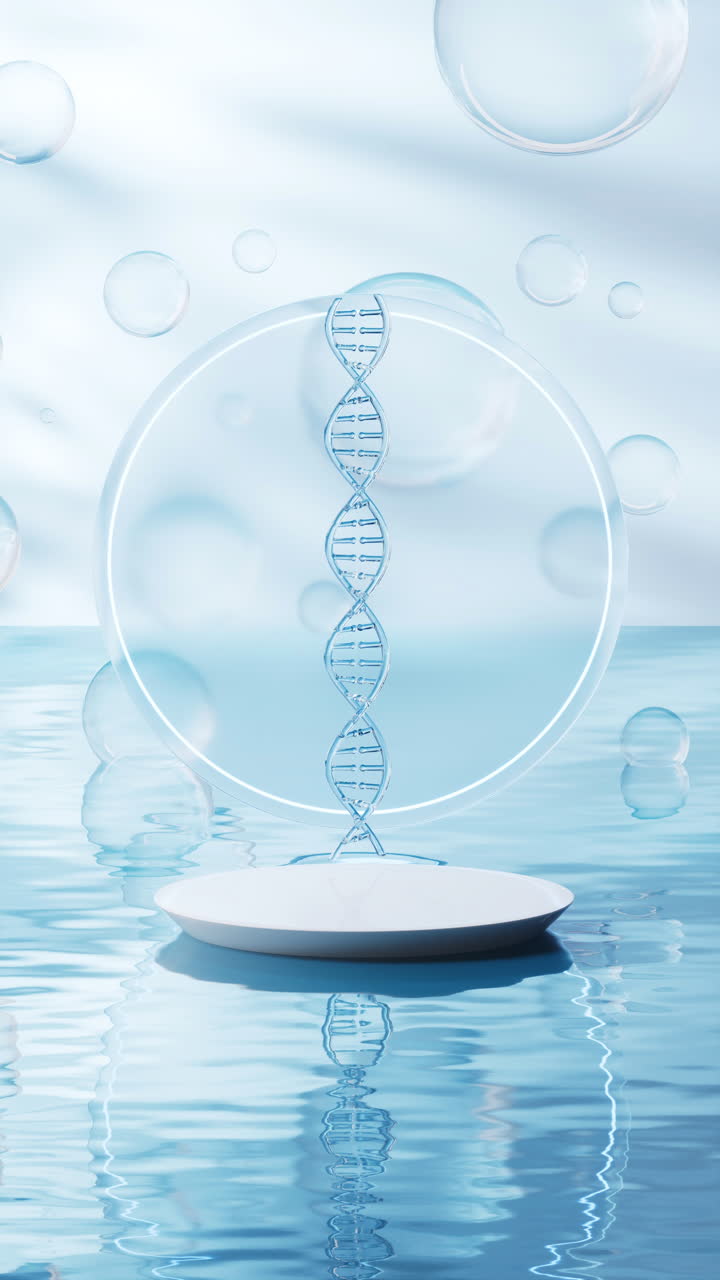 DNA con sfondo di superficie d'acqua, rendering 3D