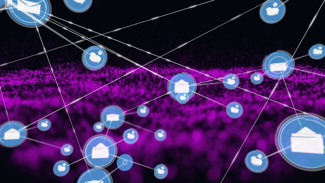 Animazione di una rete di connessioni sopra un'onda viola su sfondo nero.