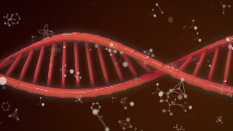 red 3d dna helix being visualized across dark brown background, with white molecular icons floating