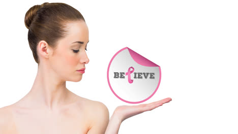 animation of pink breast cancer ribbon logo with believe text over young woman