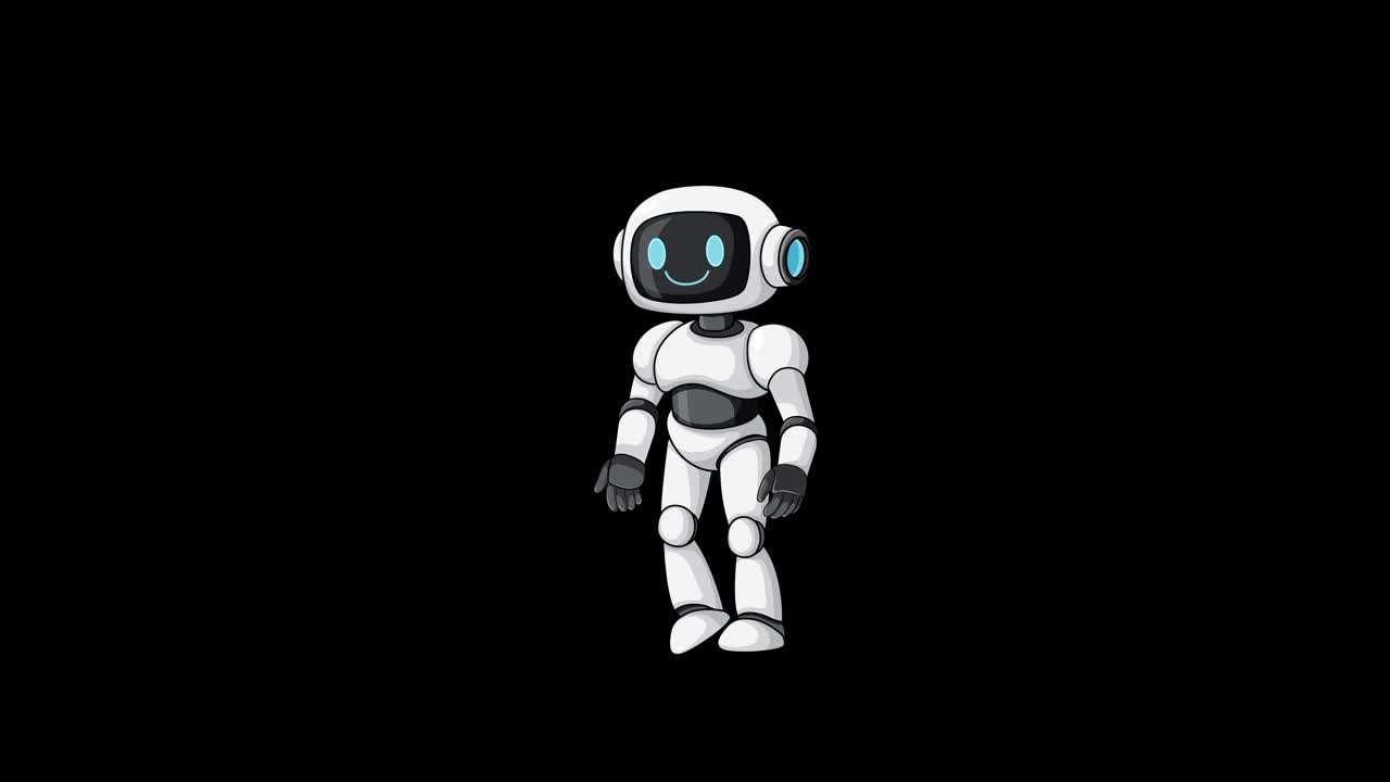 Un robot cartone animato amichevole cammina in avanti, saluta con la mano, animazione fluida, isolato su uno sfondo nero uniforme