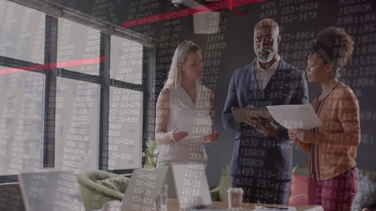 Animation of financial data processing over diverse business people in office