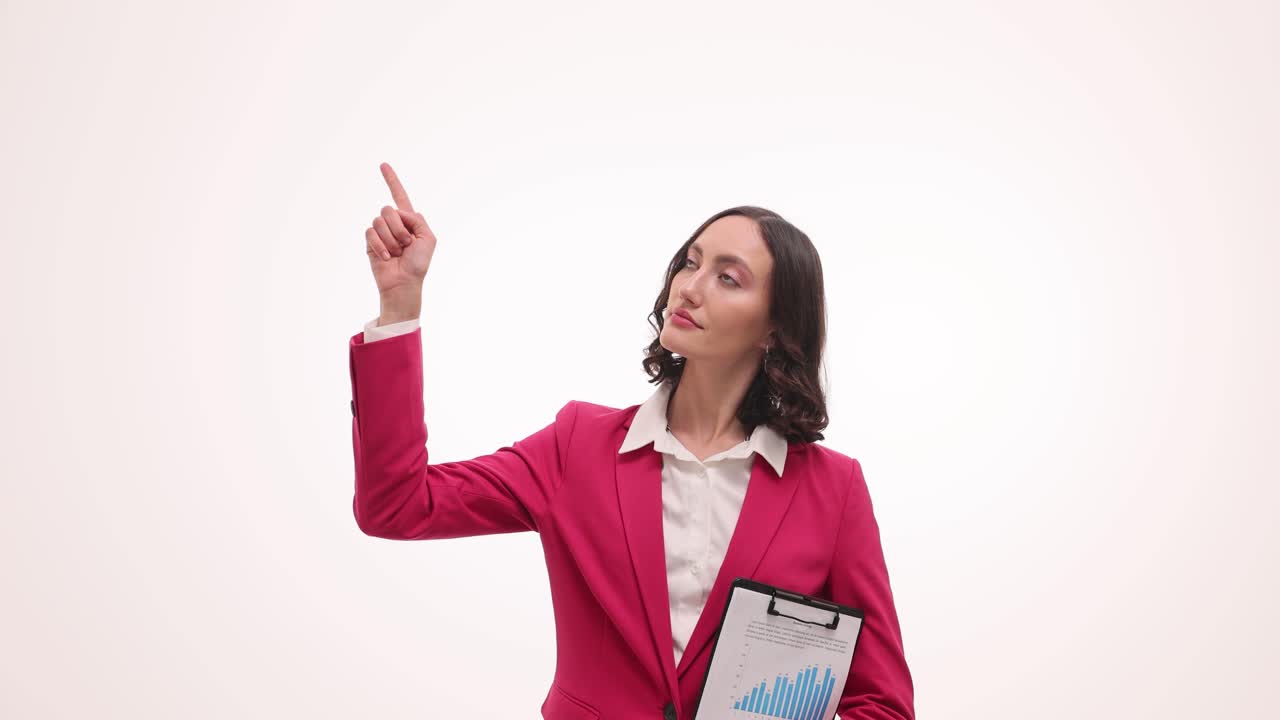Businesswoman gesturing with a clipboard on a white background