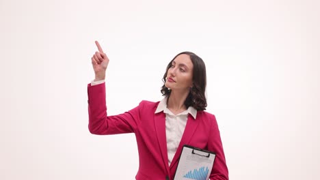 businesswoman gesturing with a clipboard on a white background