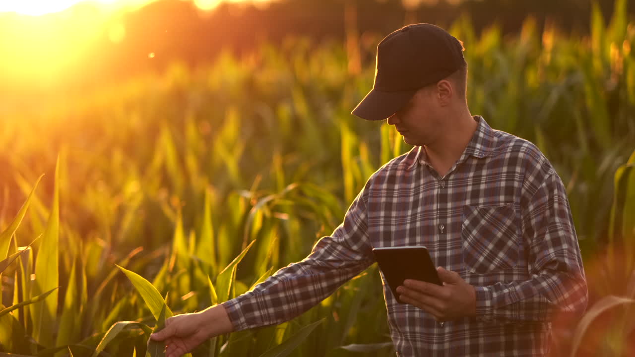 lente flare: granjero con una tableta para monitorear la cosecha un campo de maíz al atardecer. granjero hombre con una tablet monitorea el campo de cultivo de maíz en el atardecer video en cámara lenta