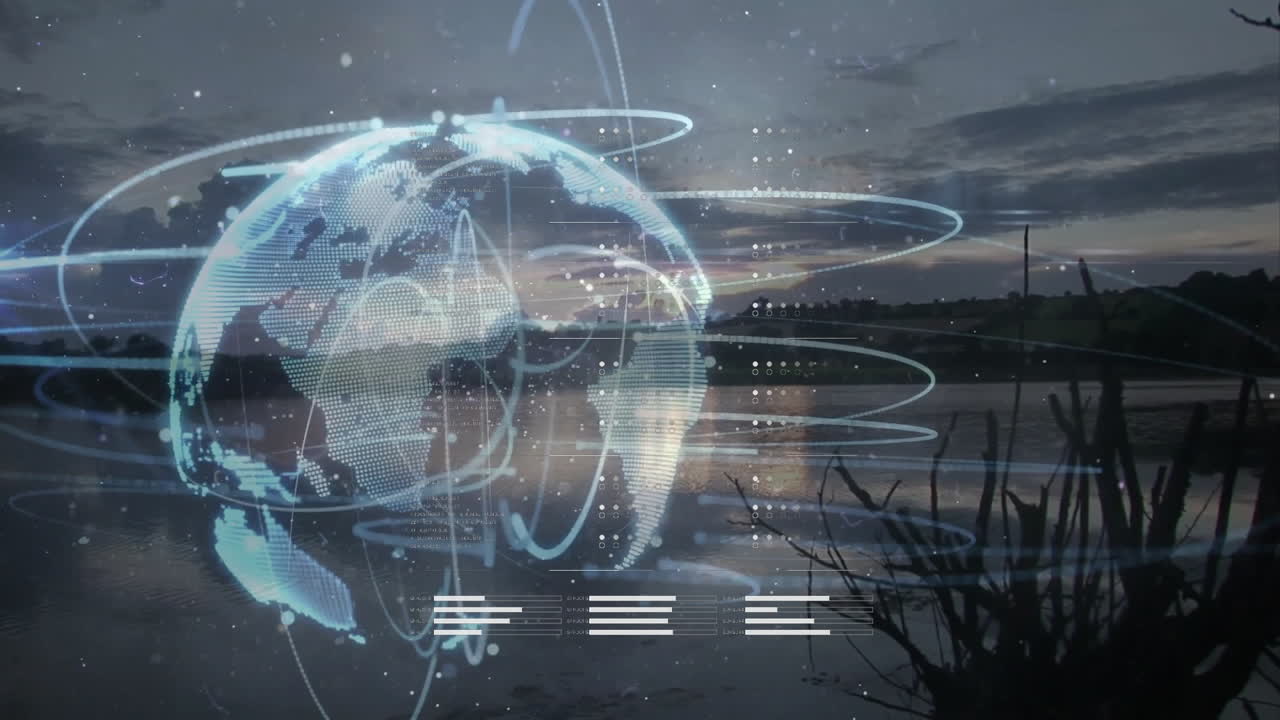 Rotating globe with data connections animation over serene lake landscape