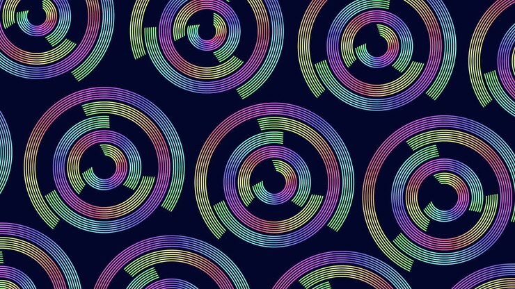 Abstract rainbow rings geometric pattern in rows