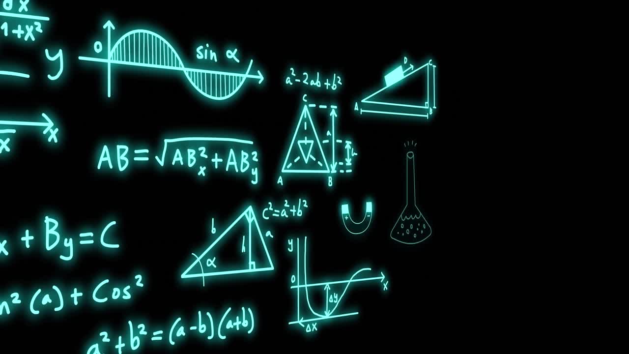 animación de fórmulas matemáticas y procesamiento de datos científicos sobre un fondo negro