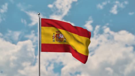 spain flag waving in the blue sky realistic 4k video