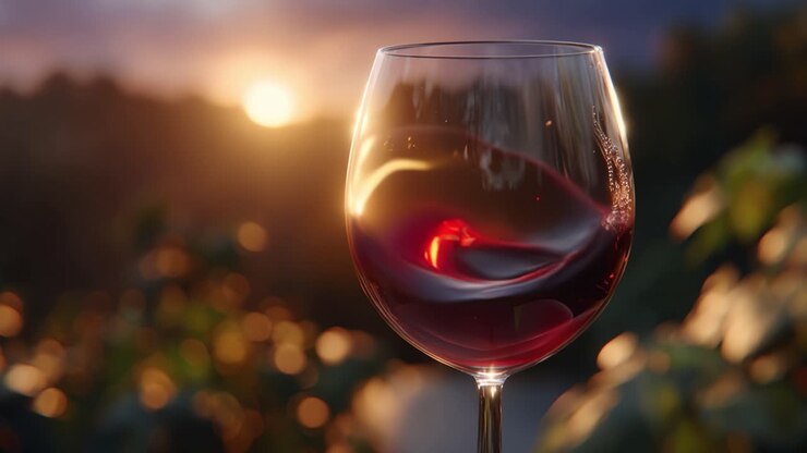Sunset glows behind wine glass. Liquid swirls gently within the glass. Vineyard rows stretch softly into the distance. Warm light reflects off the wine's rich hue