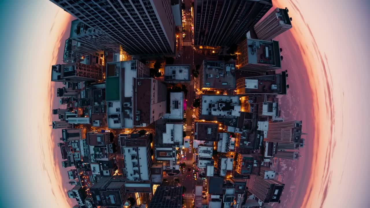 Aerial video shot with a fisheye lens captures a cityscape at sunset, creating a spherical