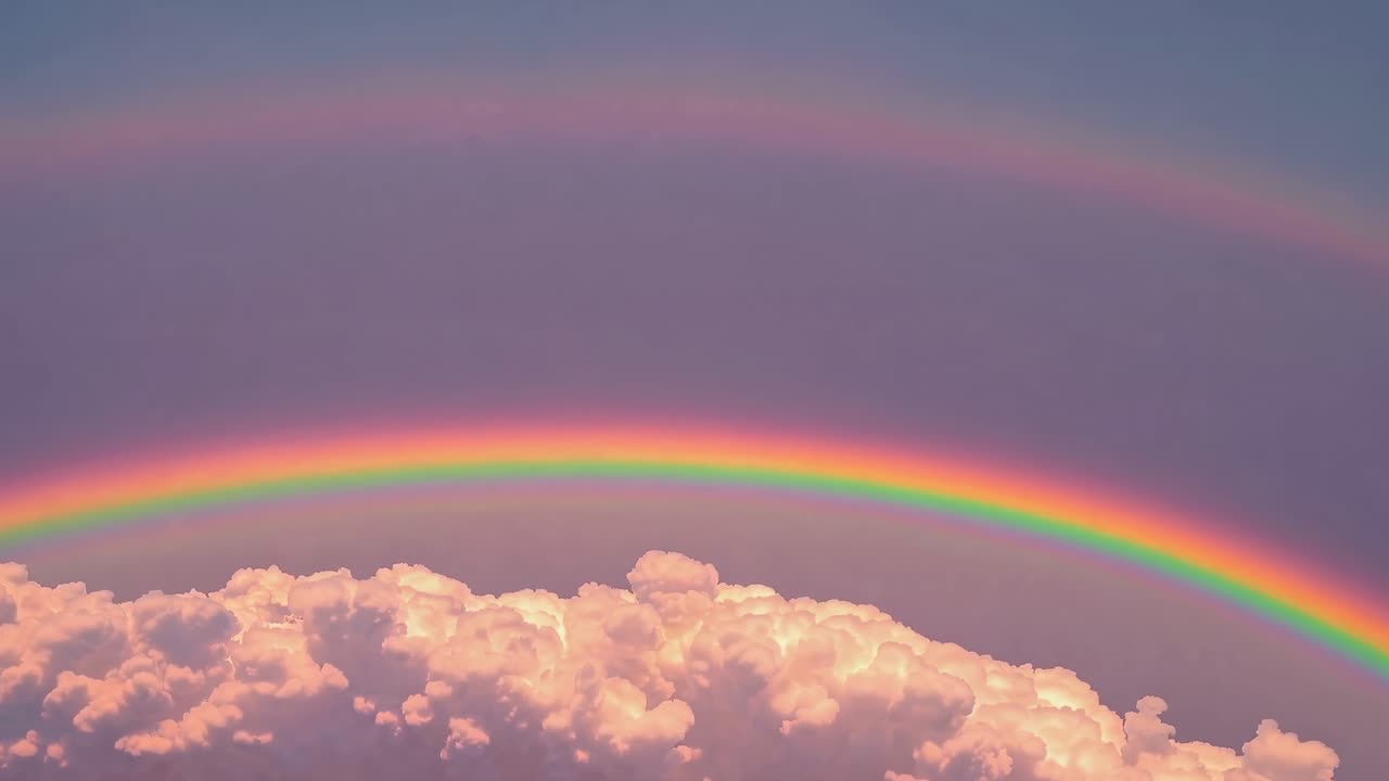 A serene video captures a low-angle view of a vibrant rainbow arching over fluffy clouds