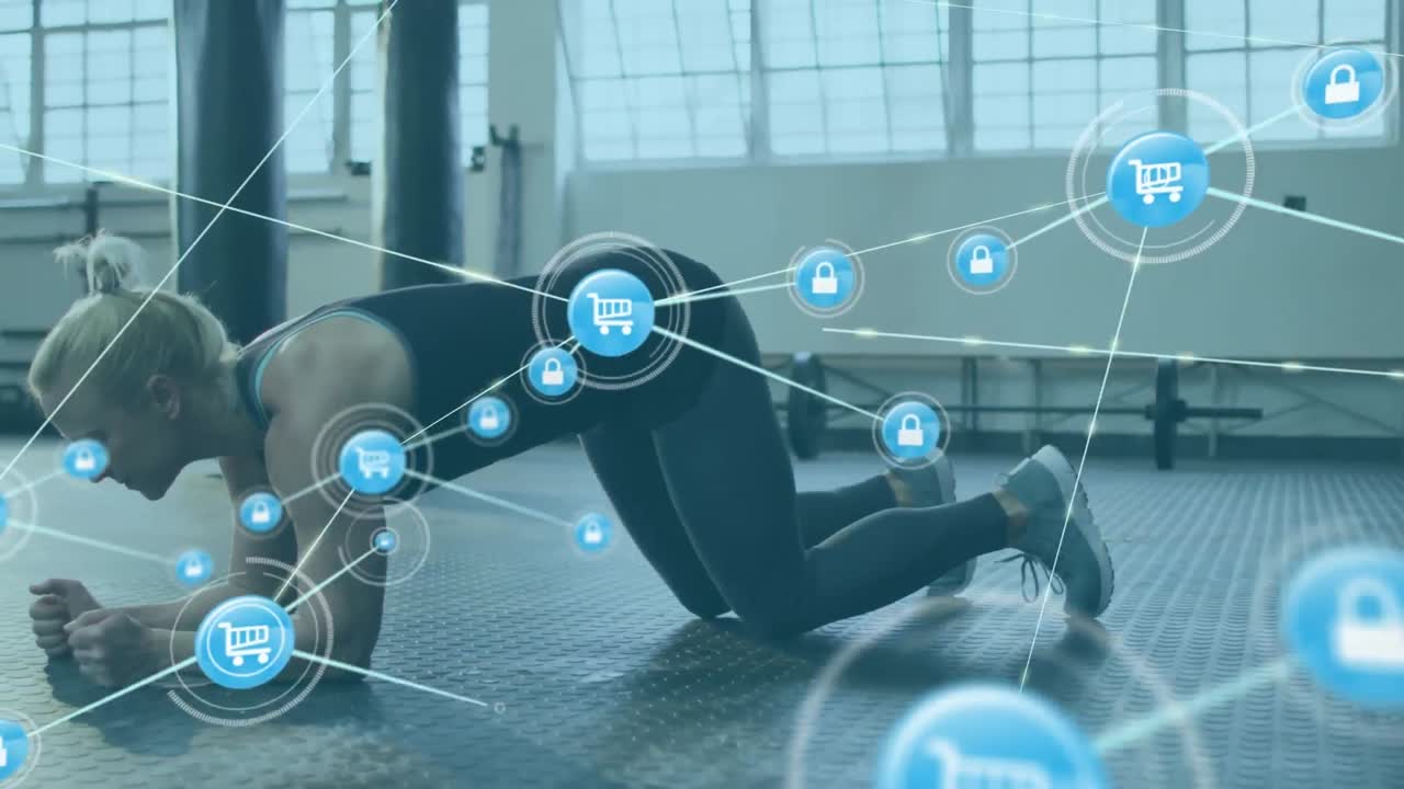 체육관에서 플랜크 운동을 연습하는 백인 여성 위의 선으로 연결된 아이콘의 애니메이션