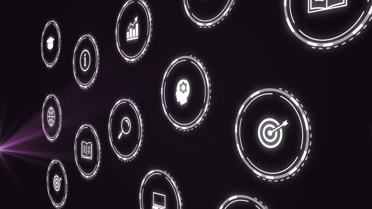 animación de iconos comerciales en círculos sobre senderos de luz