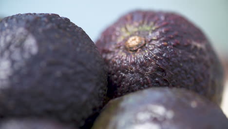 Close-up rack focus on a bunch of fresh, ripe avocados in sunlight