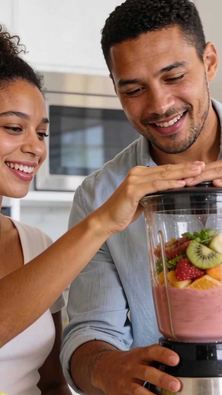 Video verticale: Coppia con maglietta bianca che preme il coperchio, mescola frutta nel frullatore e prepara un frullato in cucina.