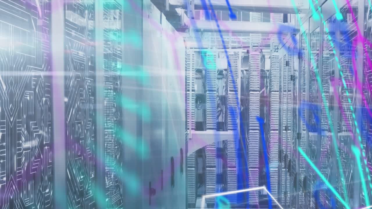 Animation of colourful data processing over motherboard and computer servers in server room