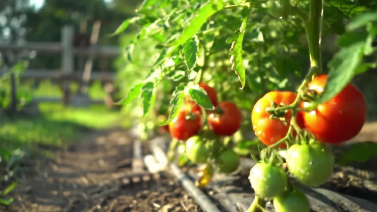 Vibrant Tomato Garden: A Close-Up Journey Through Lush Rows of Ripe Red and Green Tomatoes Surrounded by Fertile Soil and Flourishing Plants