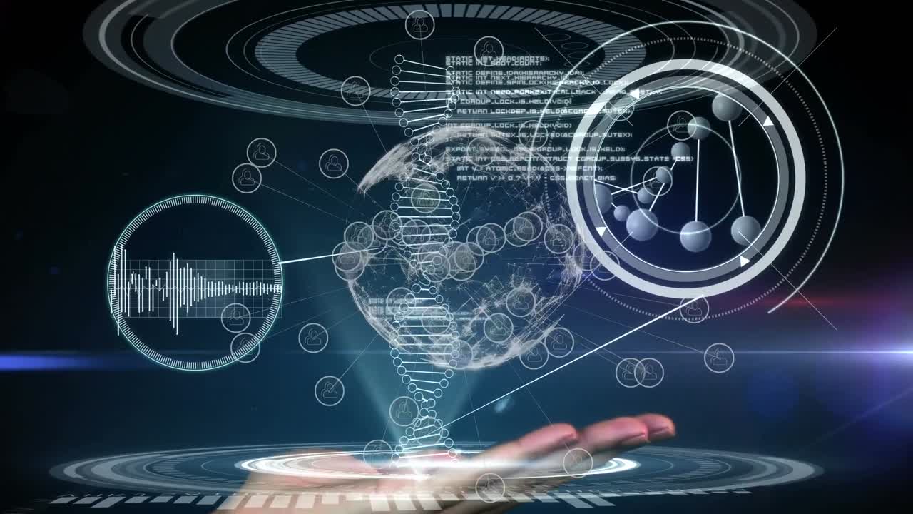 검은색 배경에 있는 dna 줄기 위의 연결 네트워크의 애니메이션과 데이터 처리