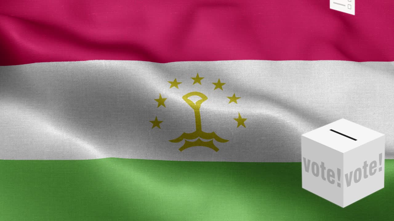 las papeletas de votación vuelan a la caja para la selección de tayikistán - caja de votación frente a la bandera - elección - voto - bandera de tayikistan - bandera de tajikistán alto detalle - bandera nacional de tajikistan patrón de ondas elementos en bucle - textura de tela y bucle sin fin