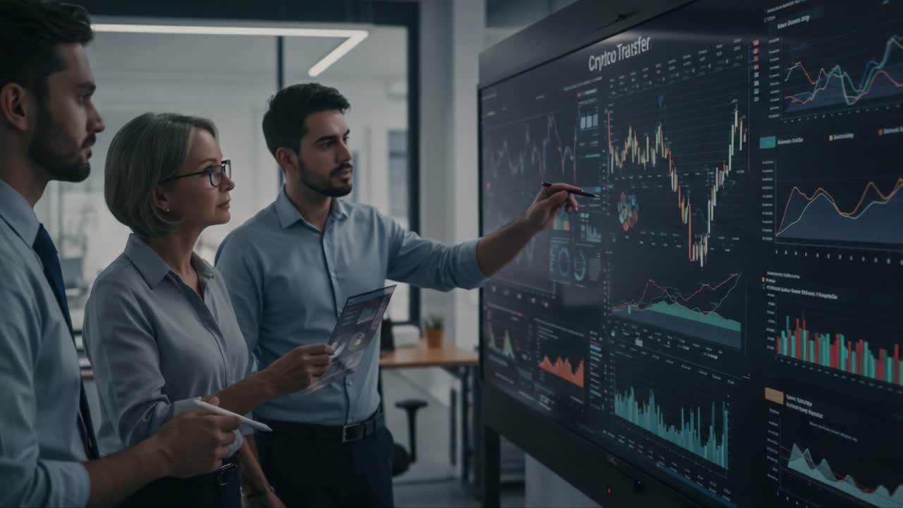 Team Collaborating on Cryptocurrency Trading Analysis in Modern Office Setting, Reviewing Charts and Graphs to Make Informed Financial Decisions