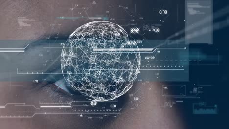 animación del globo con red de conexiones y procesamiento de datos sobre el rostro de la mujer