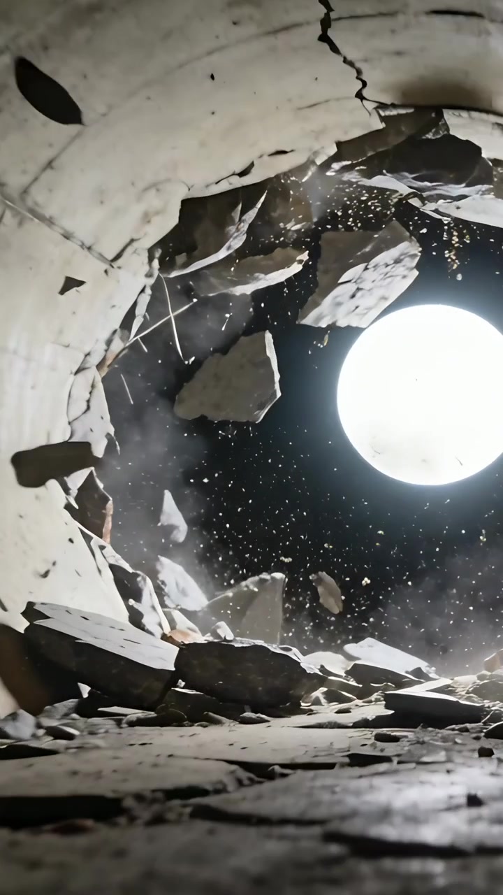 Video verticale: Bordo di cemento fratturato che si rompe, facendo cadere pezzi all'interno di un tubo, sollevando polvere e tondini di ferro.