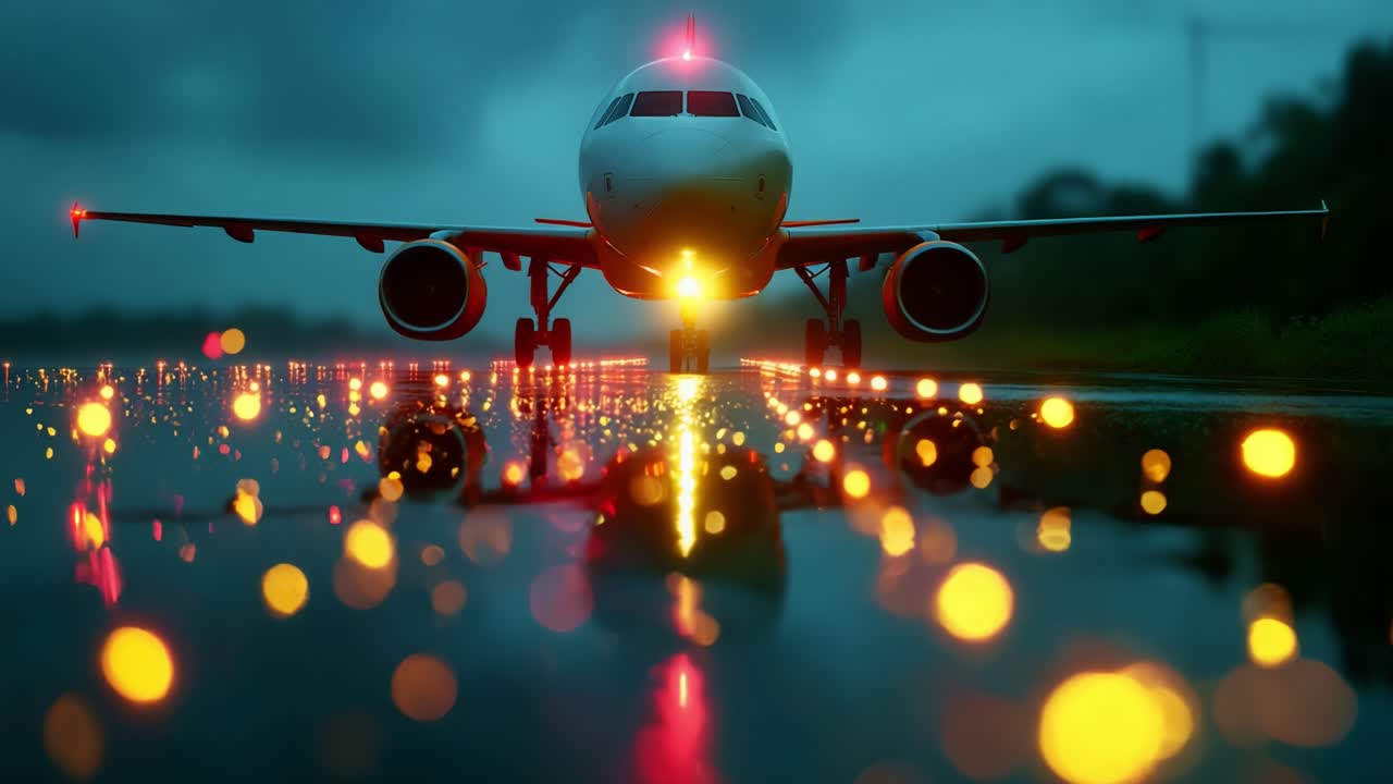 An illuminated airplane on a runway at dusk, reflecting orange and yellow lights on wet tarmac in a dramatic atmosphere, showcasing the beauty of aviation technology and the anticipation of departure
