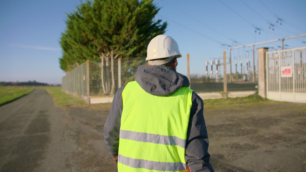 안전한 전기 설비 위치에 도착하는 직원. 느린 동작