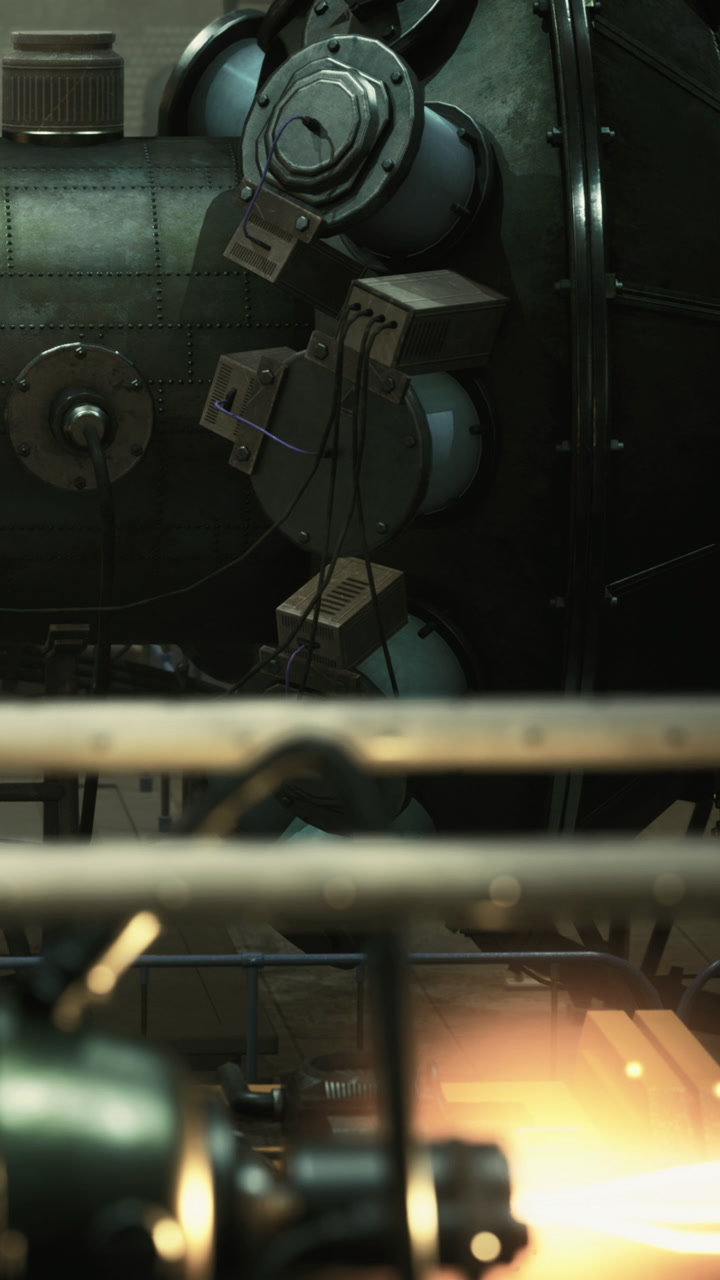 Industrial machinery creating sparks in a dimly lit workshop space