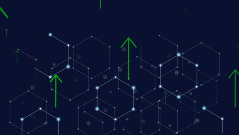 animation of up arrows over dots forming hexagons against black background