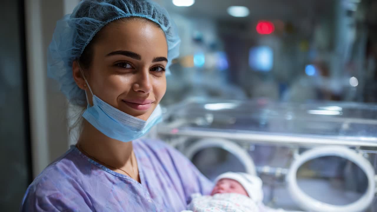 A Caring Healthcare Worker Smiles While Holding a Newborn Baby in a Neonatal Unit, Showcasing the Joyful Connection Between Medical Professionals and Infants in a Modern Hospital Environment