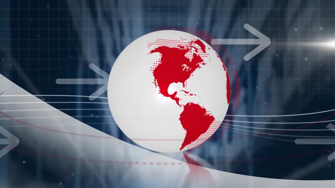 스피닝 글로브와 다중 화살표가 배경에 창고에 대해 측면 방을 움직입니다.