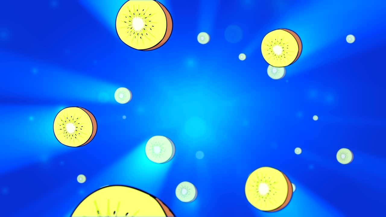 Colorful green kiwi slowly moving from bright glow rotating on the blue background. 3D seamless animation.