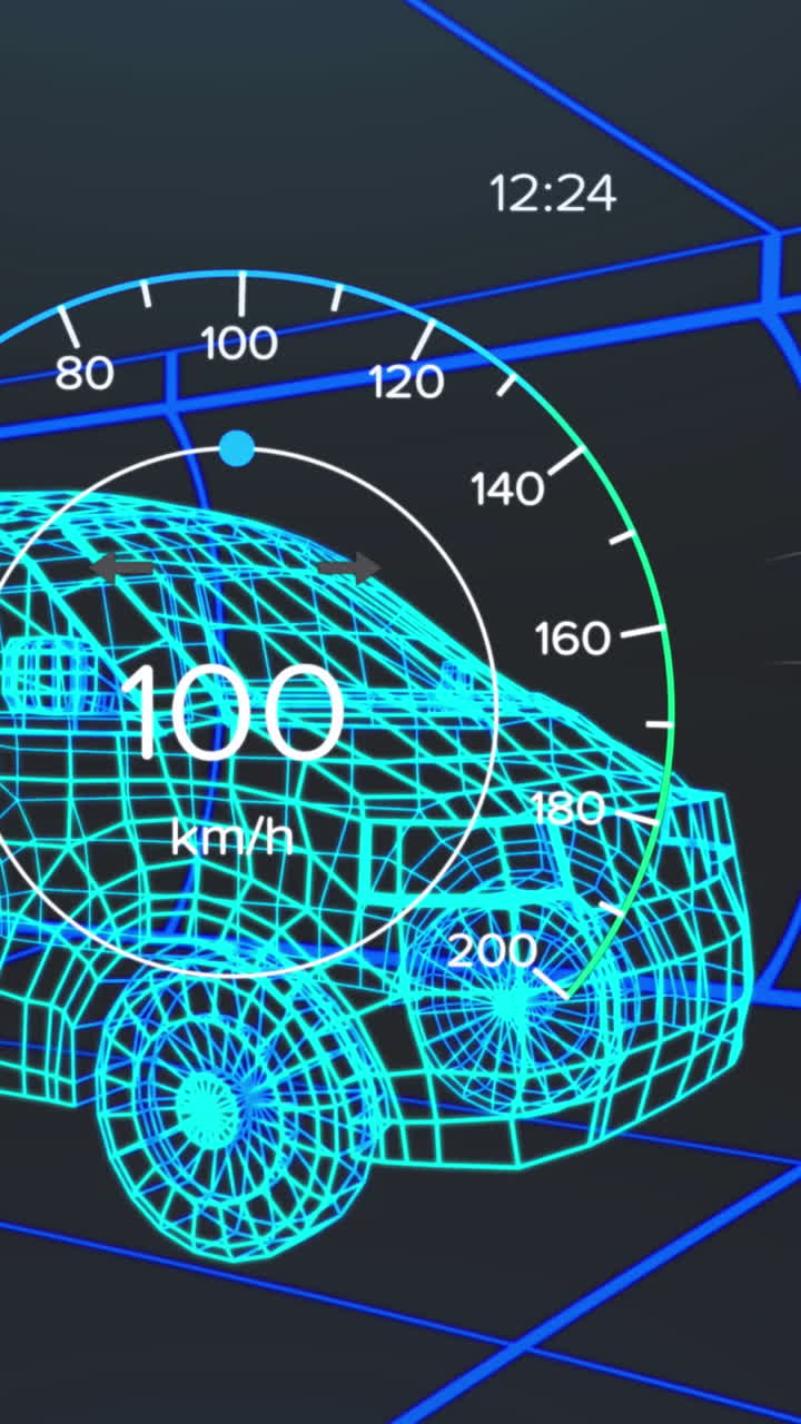 차량 인터페이스에 있는 스피도미터, gps 및 충전 상태 데이터의 애니메이션, 3d 밴 모델